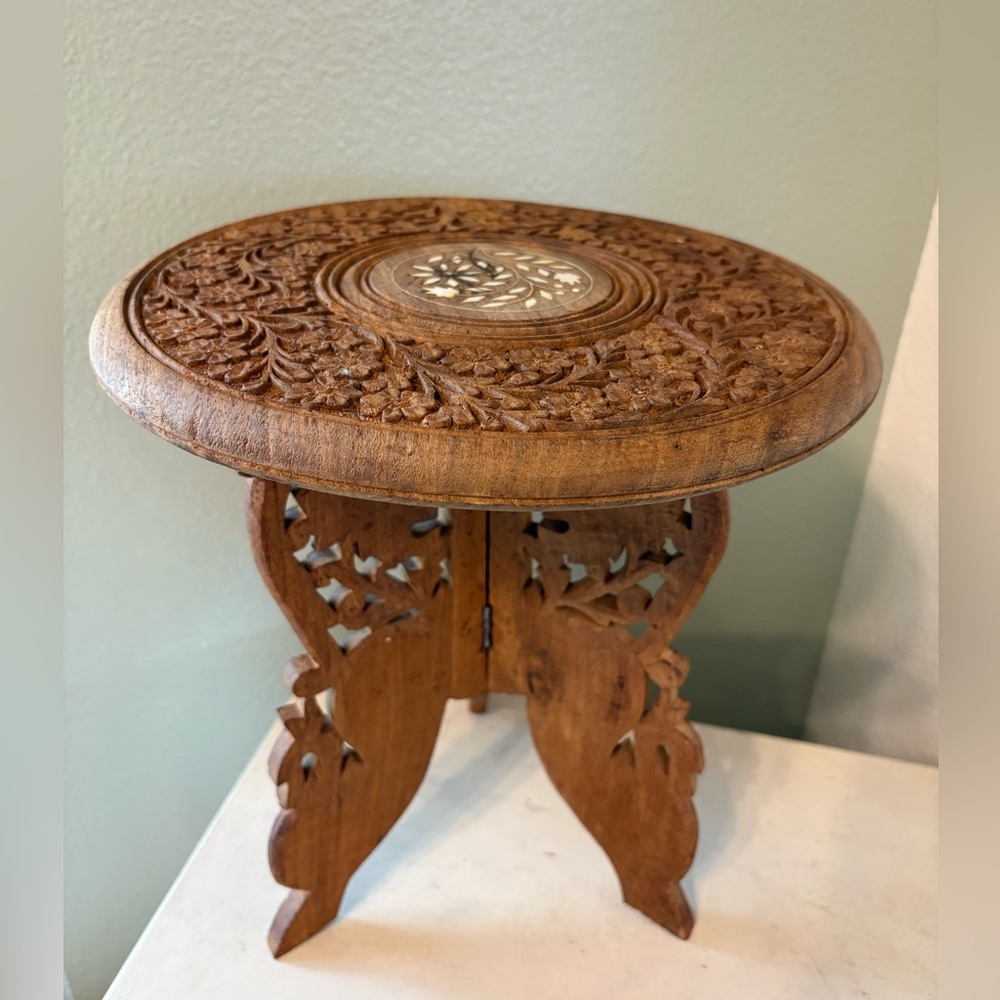 Vintage Indian Hand Carved Inlaid Floral Folding Round Mini Table Planter
